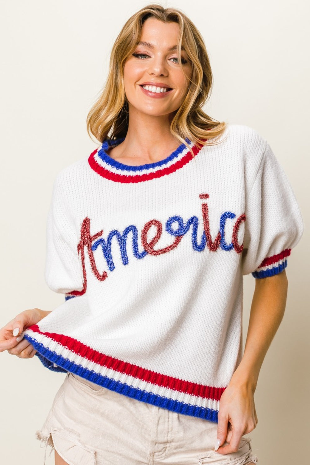 BiBi Metallic America Letter Short Sleeve Sweater 