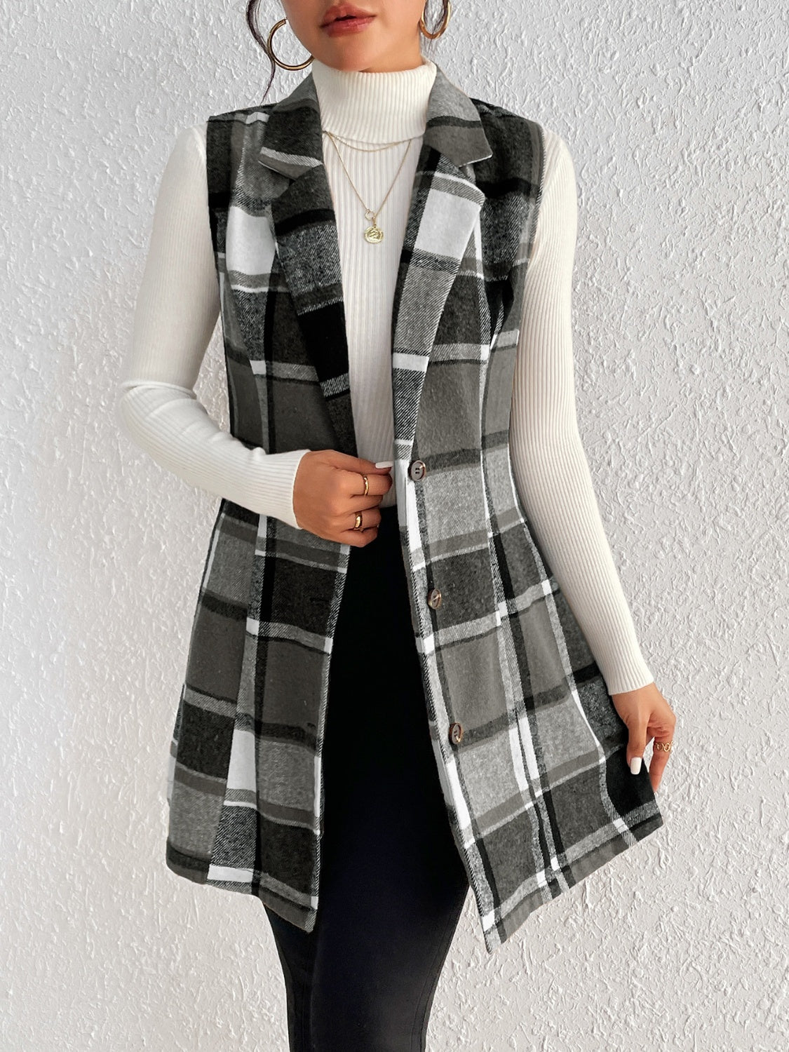 Honey Plaid Button Up Vest Coat 