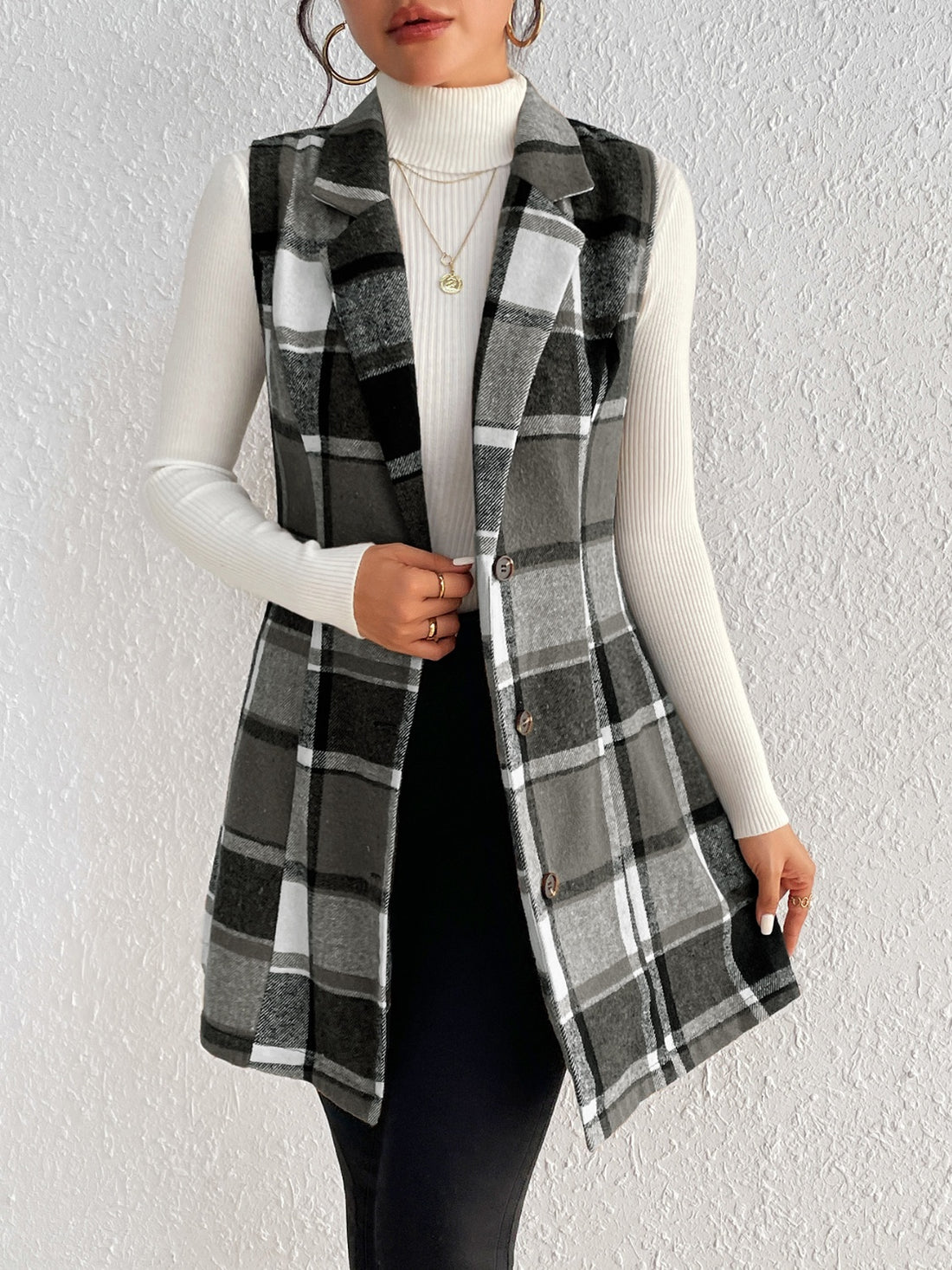 Honey Plaid Button Up Vest Coat 