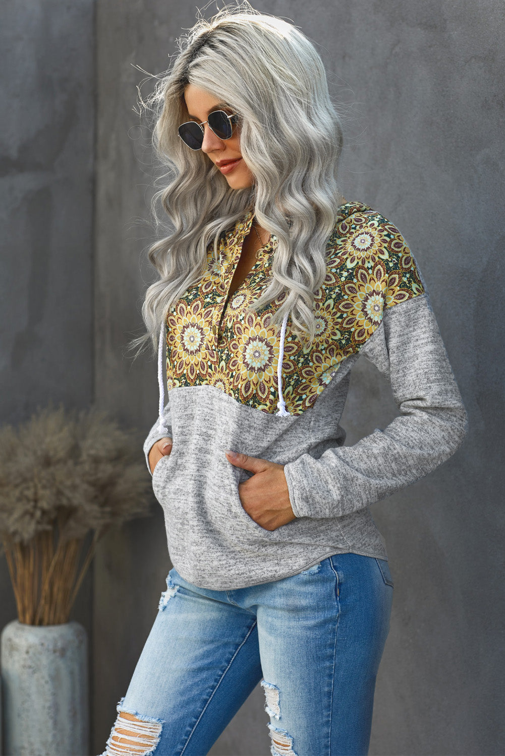 Floral Drawstring Half Snap Hoodie 