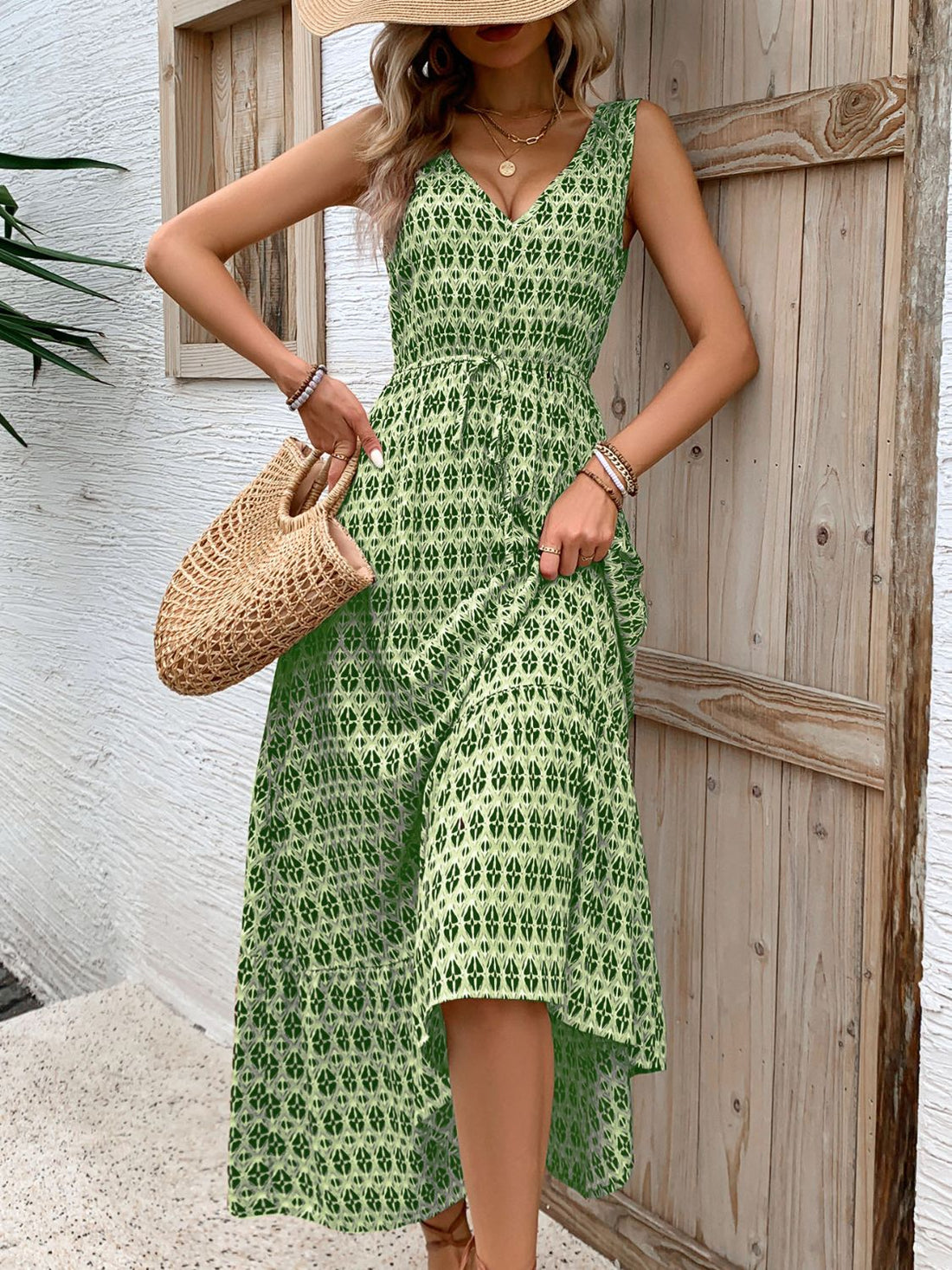 Perfee Printed V-Neck Tie Waist Midi Dress 