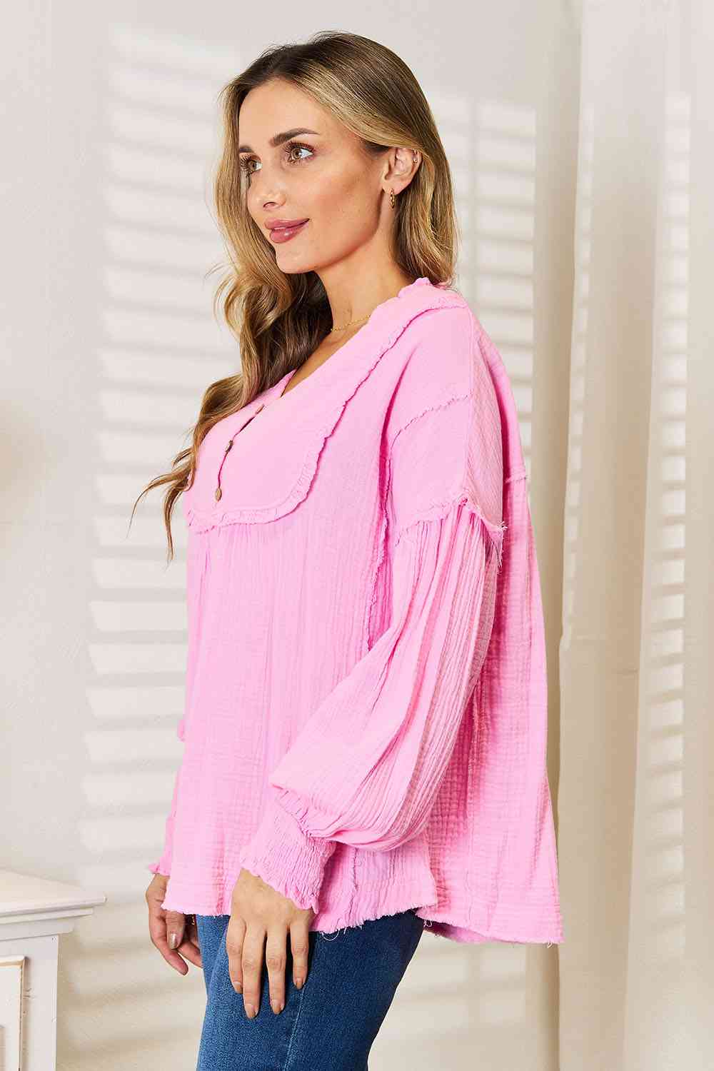 Double Take Exposed Seam Buttoned Notched Neck Blouse 