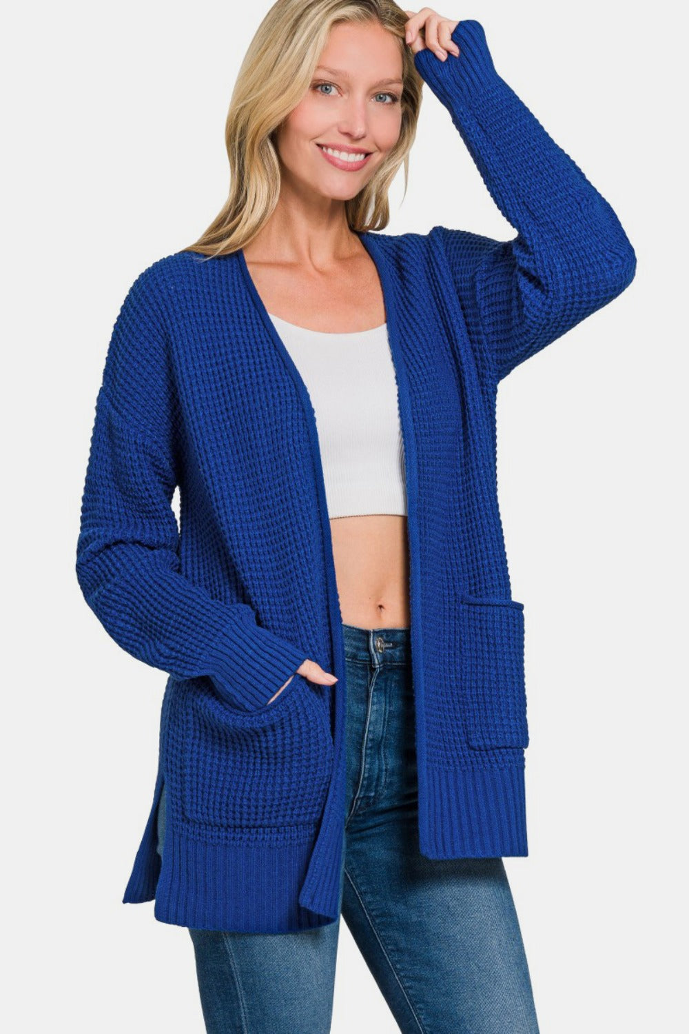 Zenana Waffle Open Front Sweater Cardigan 