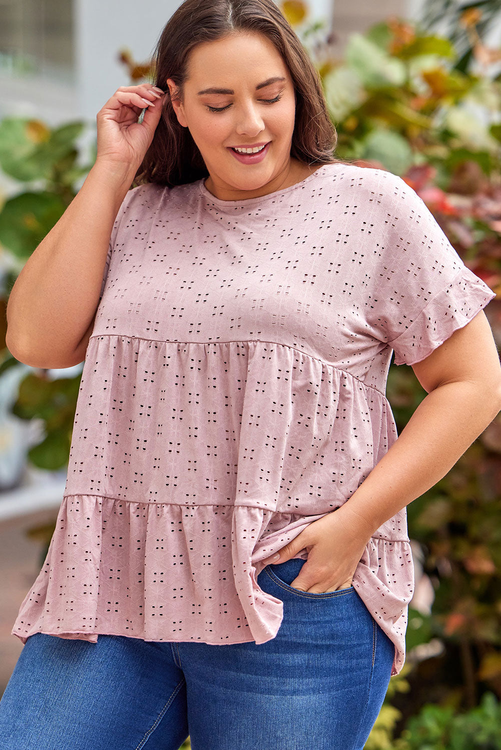 Plus Size Eyelet Round Neck Short Sleeve Blouse 
