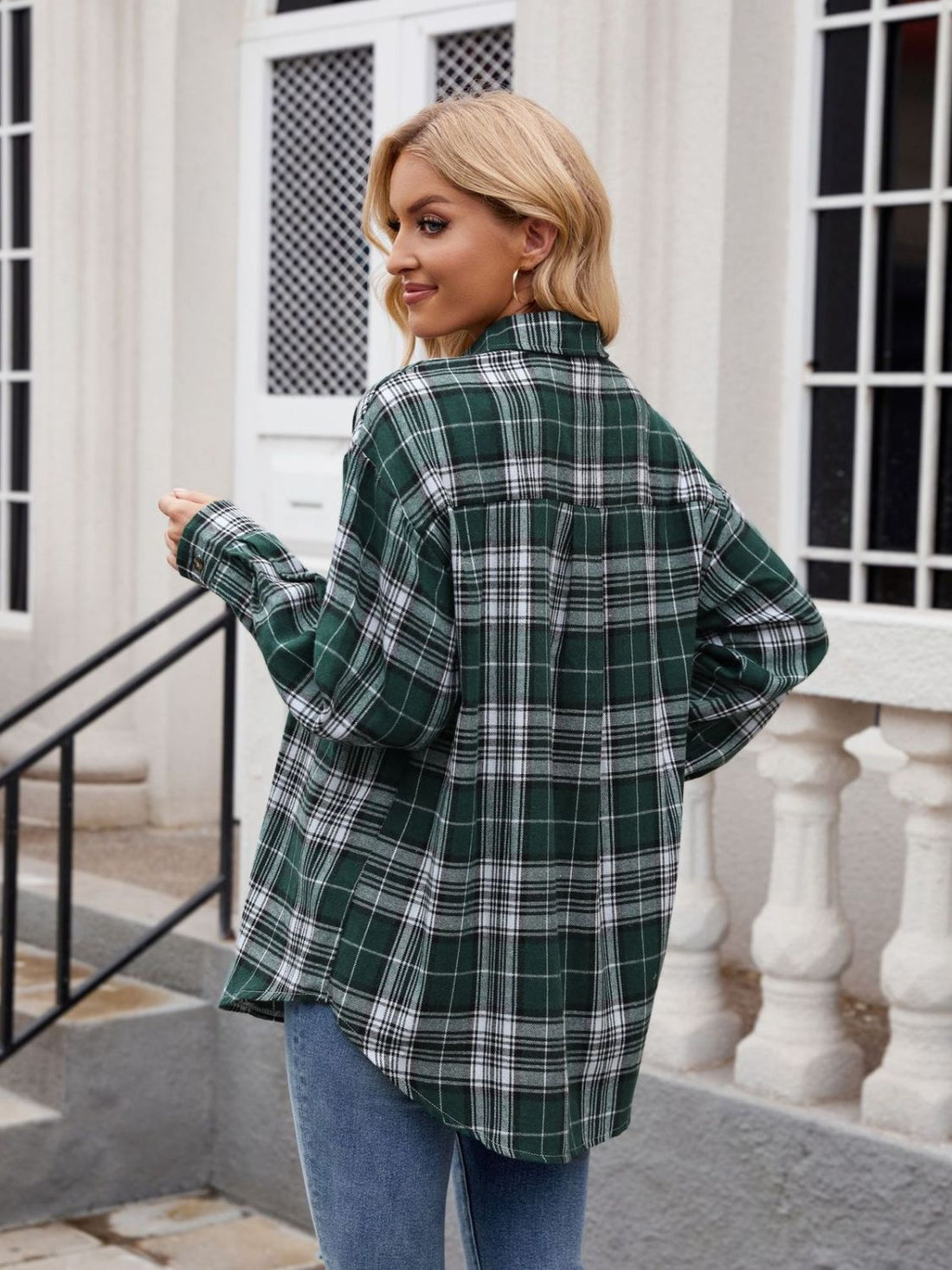 Mandy Pocketed Plaid Collared Neck Long Sleeve Shirt 