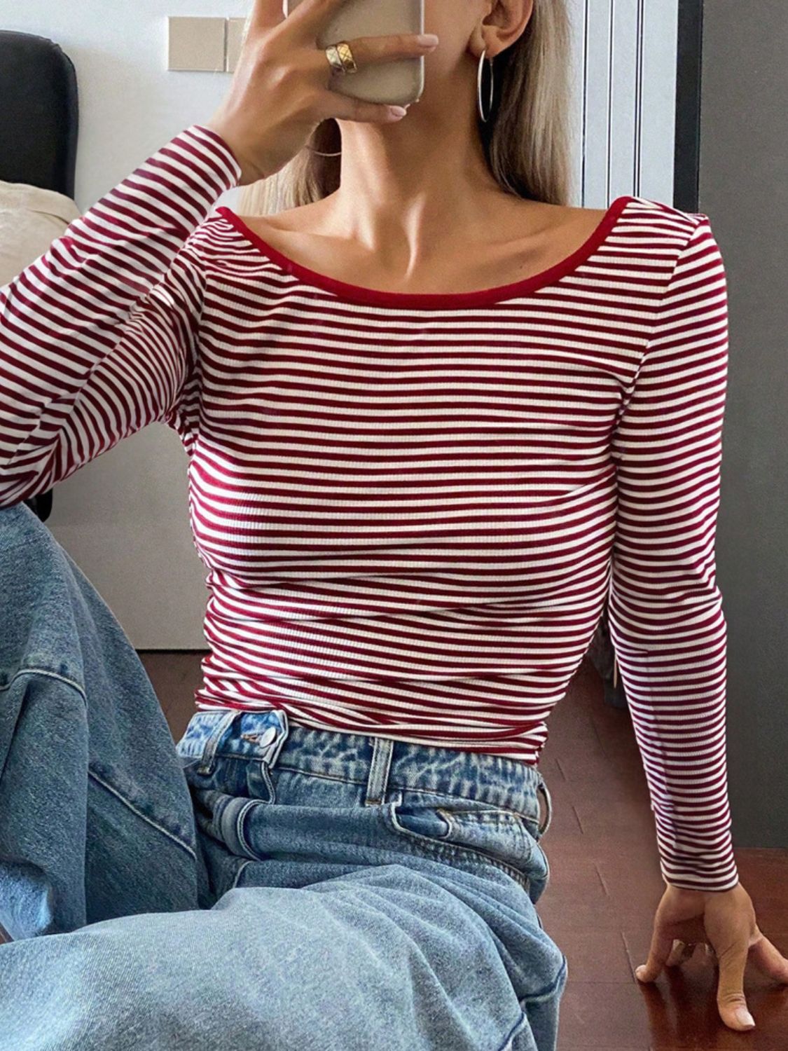 Devine Backless Striped Boat Neck Long Sleeve T-Shirt 