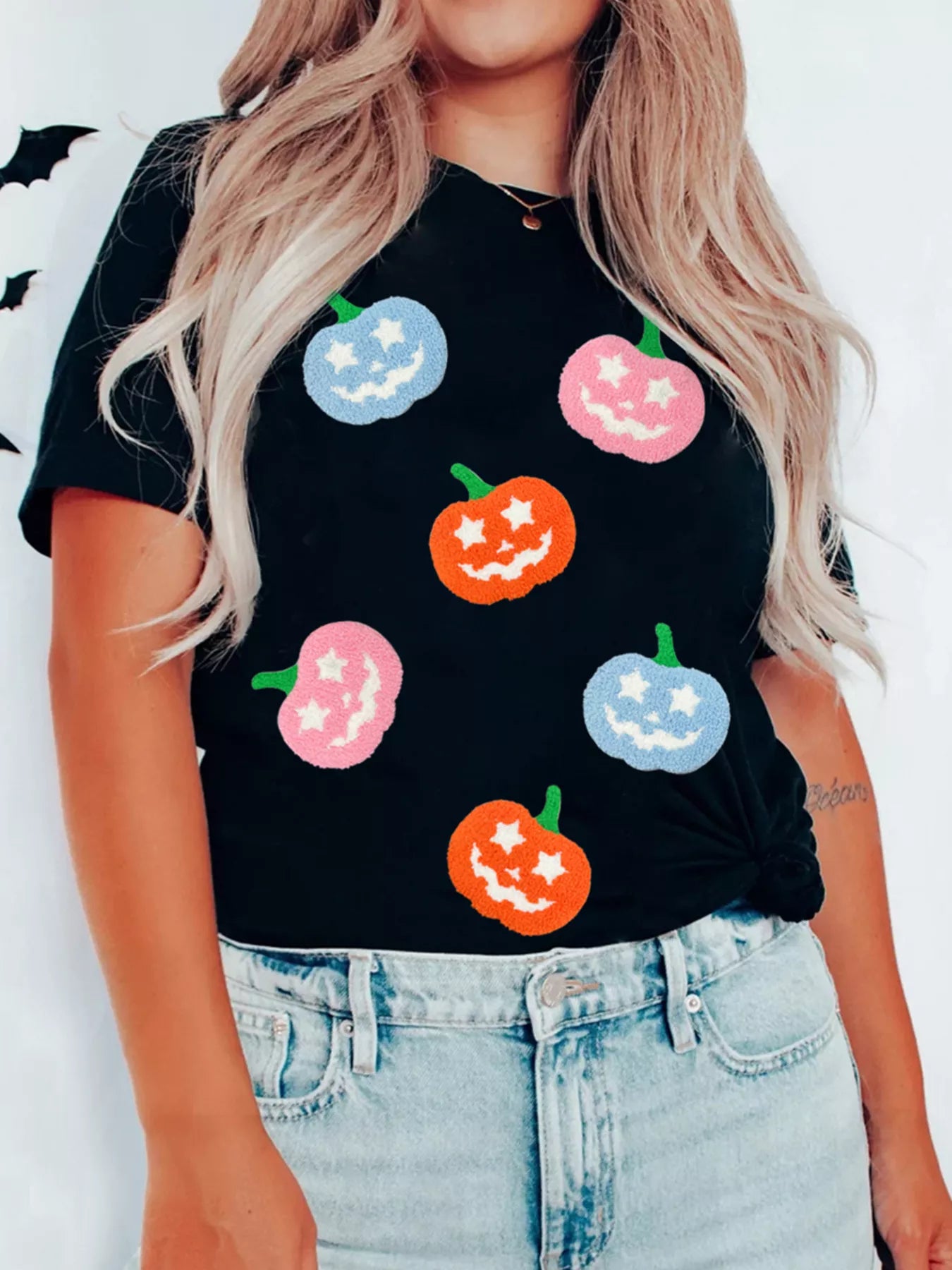 Chenille Pumpkin Patched Playful Halloween T Shirt 