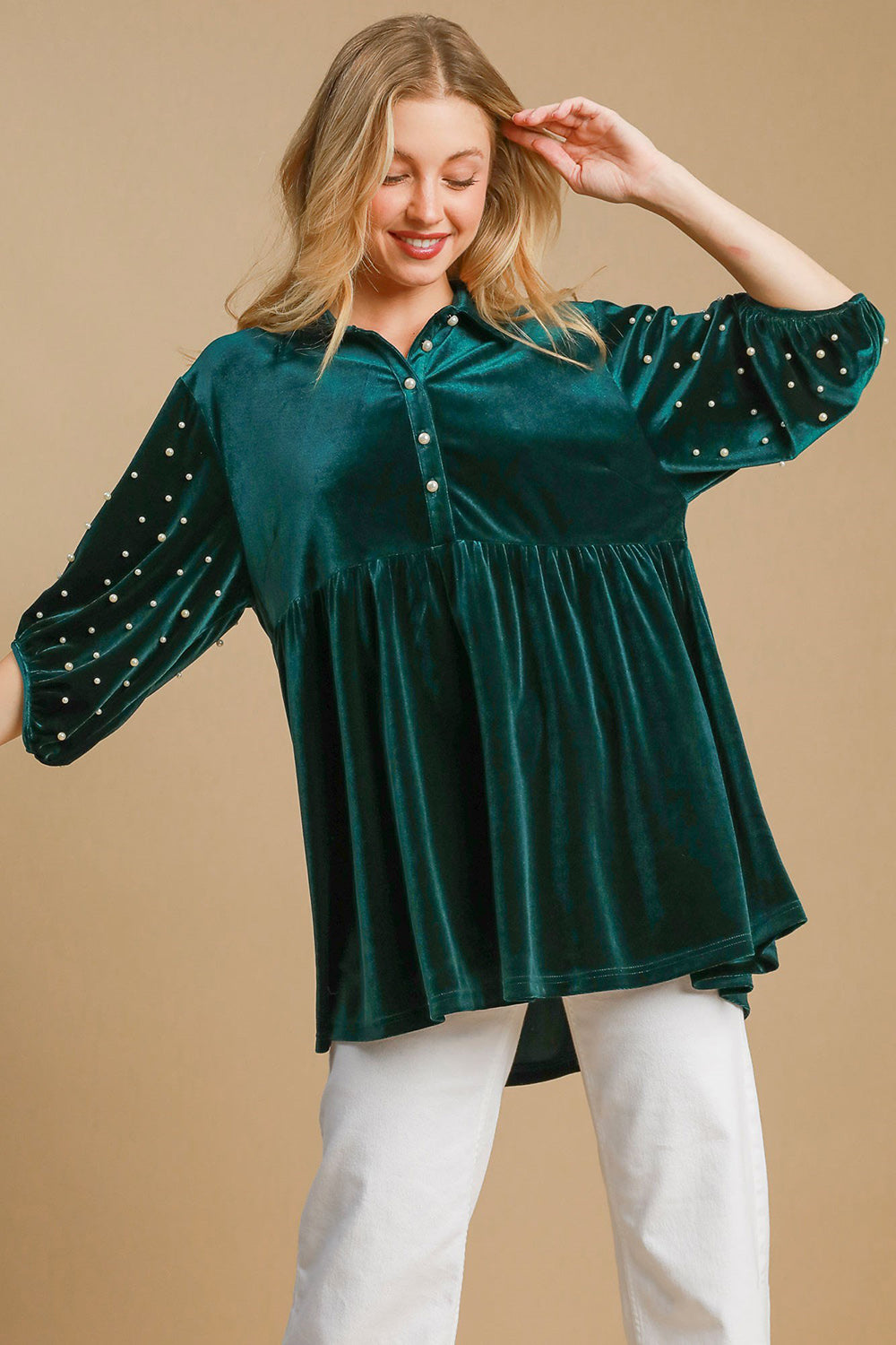 Umgee Pearl Detail Half Sleeve Velvet Babydoll Blouse 