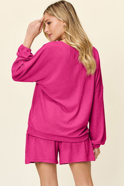 Double Take Full Size Texture V-Neck Long Sleeve T-Shirt and Shorts Set 