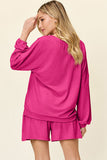 Double Take Full Size Texture V-Neck Long Sleeve T-Shirt and Shorts Set 
