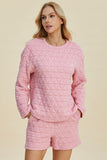 Double Take Full Size Texture Round Neck Long Sleeve Top and Shorts Set 