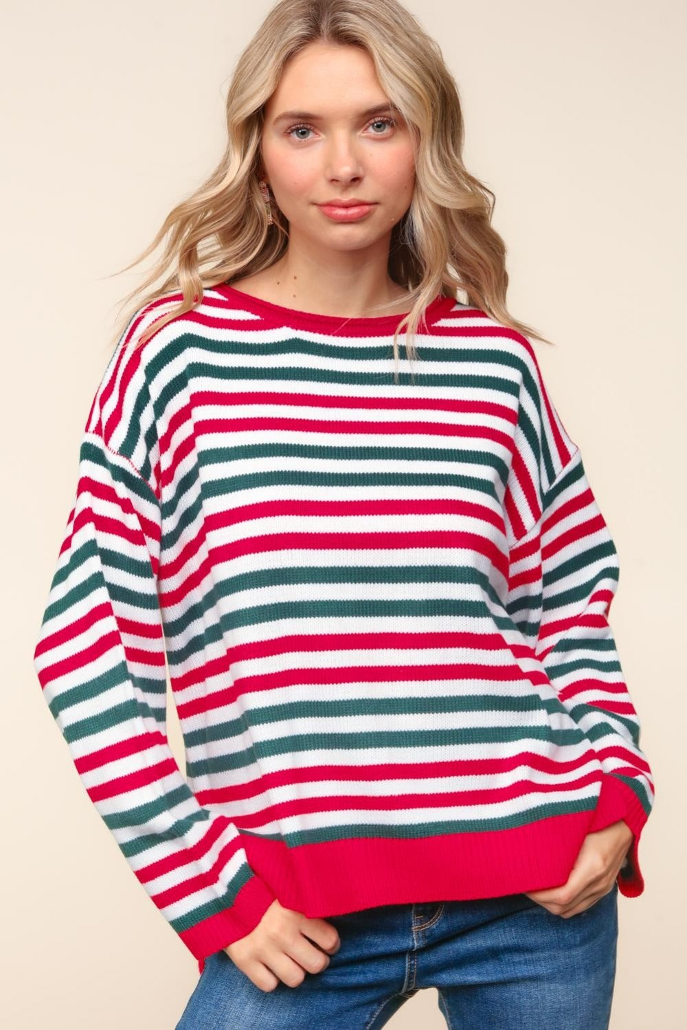 Haptics Full Size Striped Contrast Side Slit Knit Top 