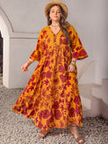 Plus Size Lace Detail Printed V-Neck Maxi Dress 
