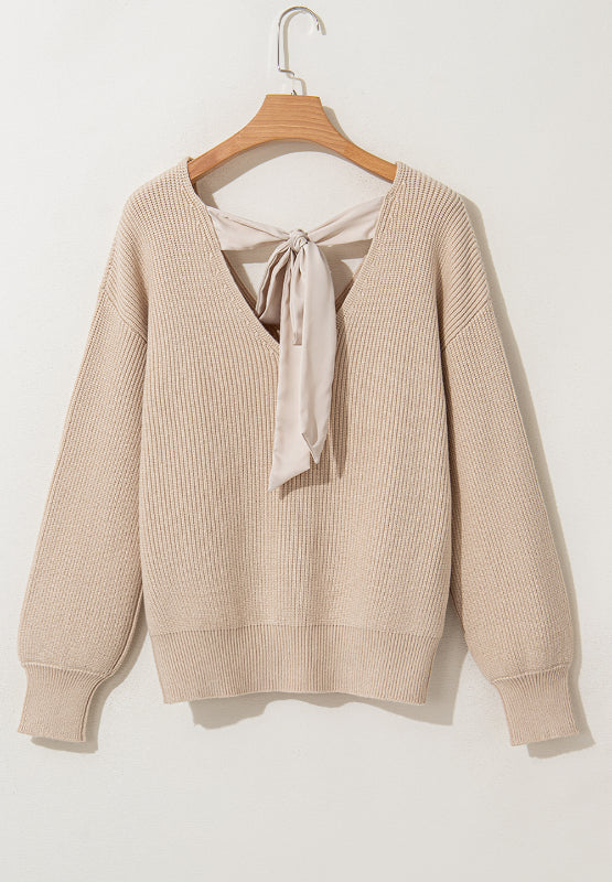 Tied Back V-Neck Long Sleeve Sweater 