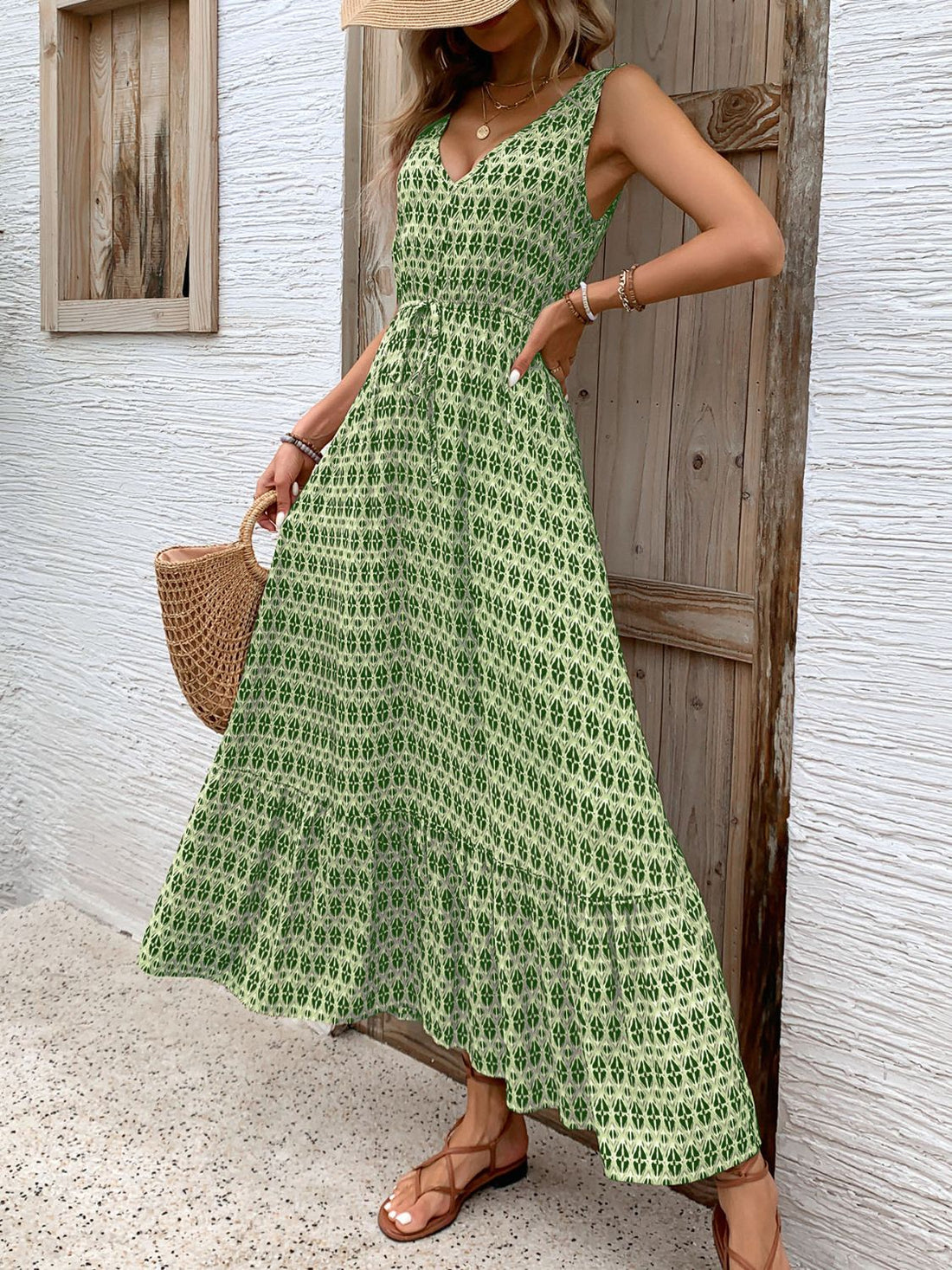 Perfee Printed V-Neck Tie Waist Midi Dress 