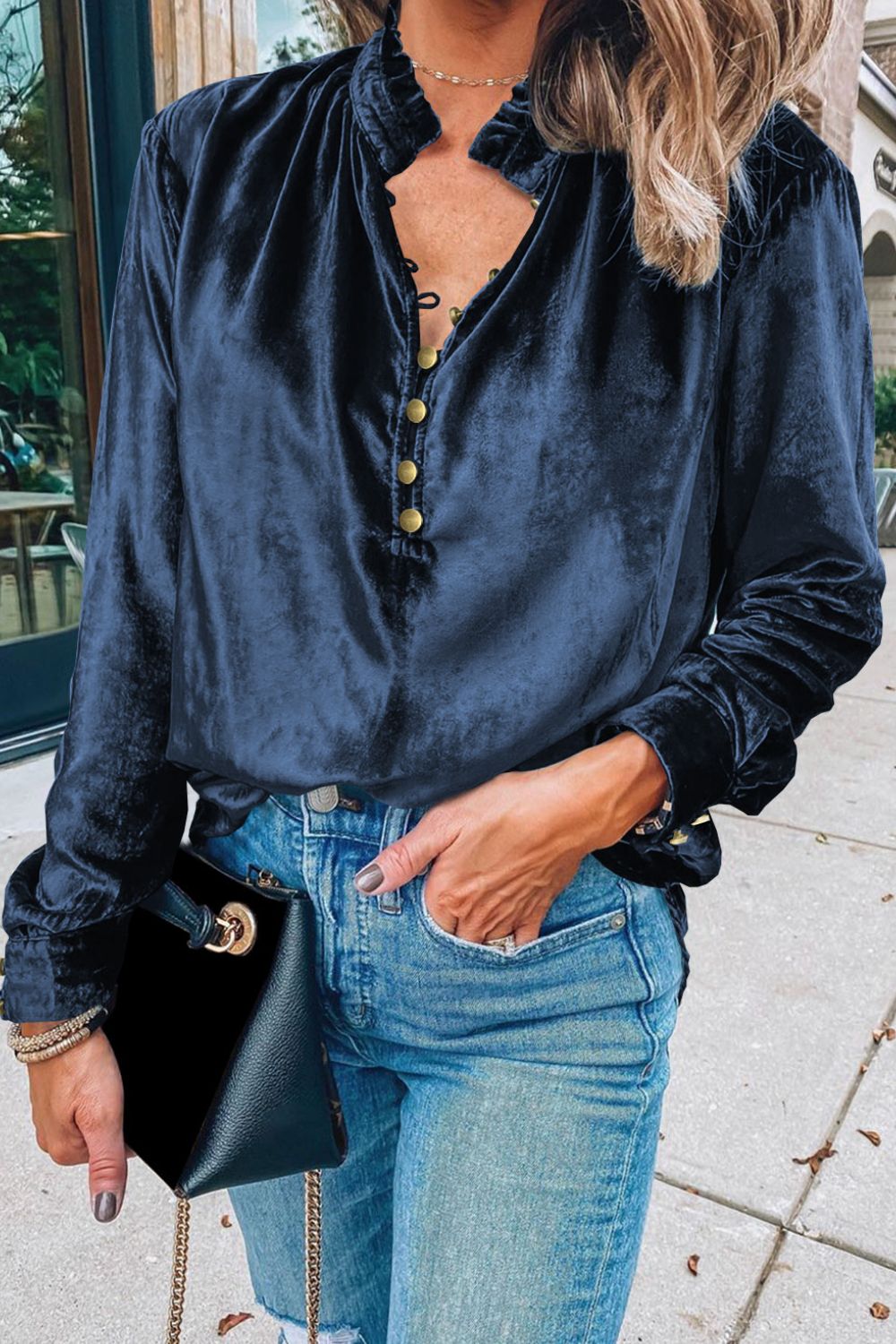 Frill Half Button Mock Neck Long Sleeve Blouse 