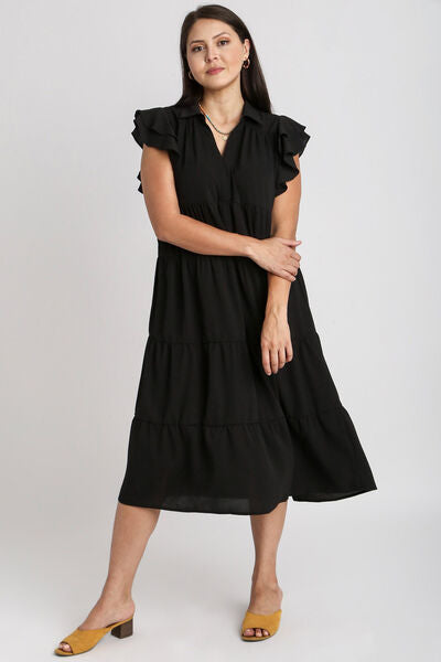 Umgee Full Size Johnny Collar Ruffle Cap Sleeve Tiered Dress Plus Size Dresses