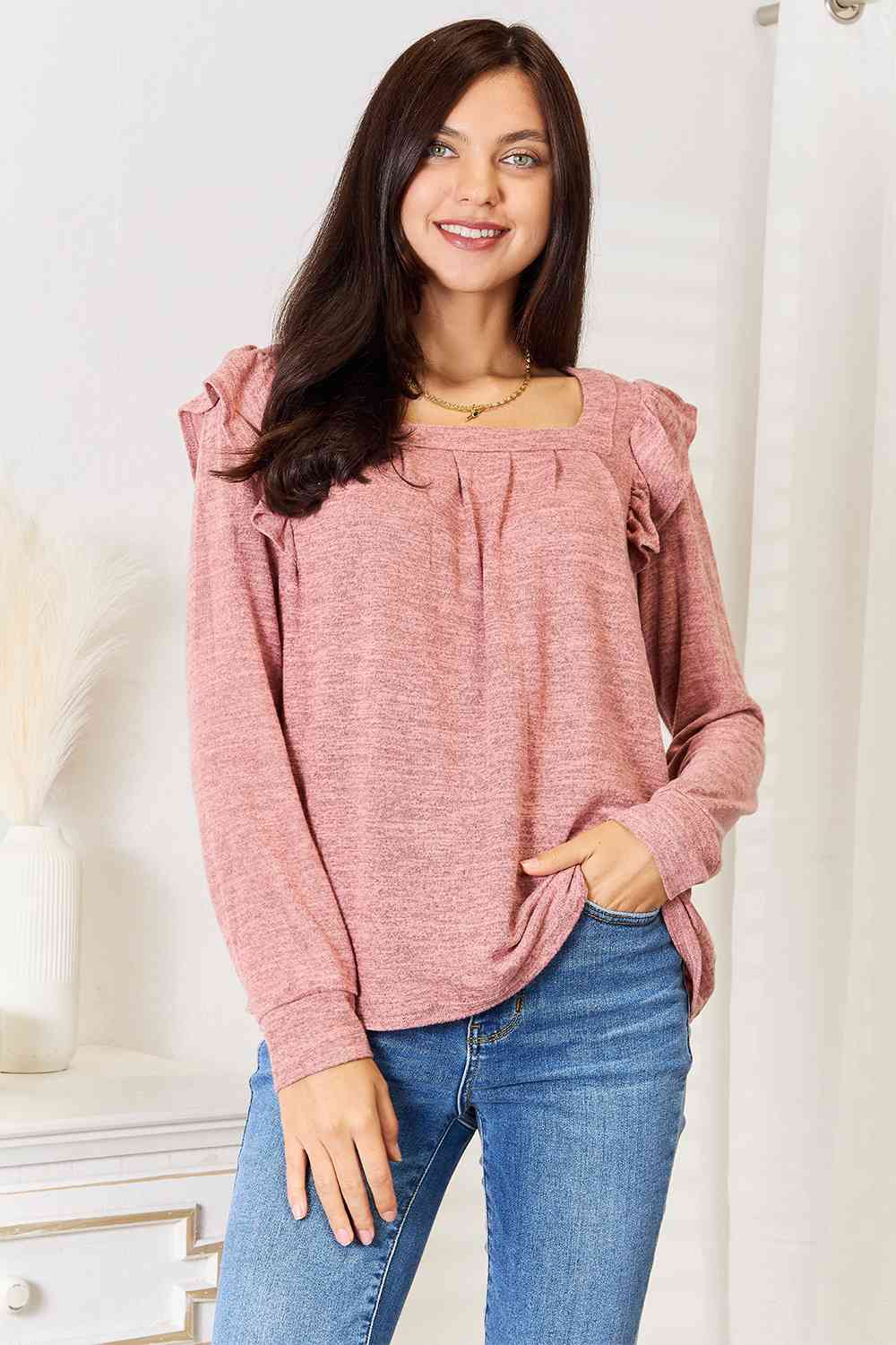 Double Take Square Neck Ruffle Shoulder Long Sleeve T-Shirt 