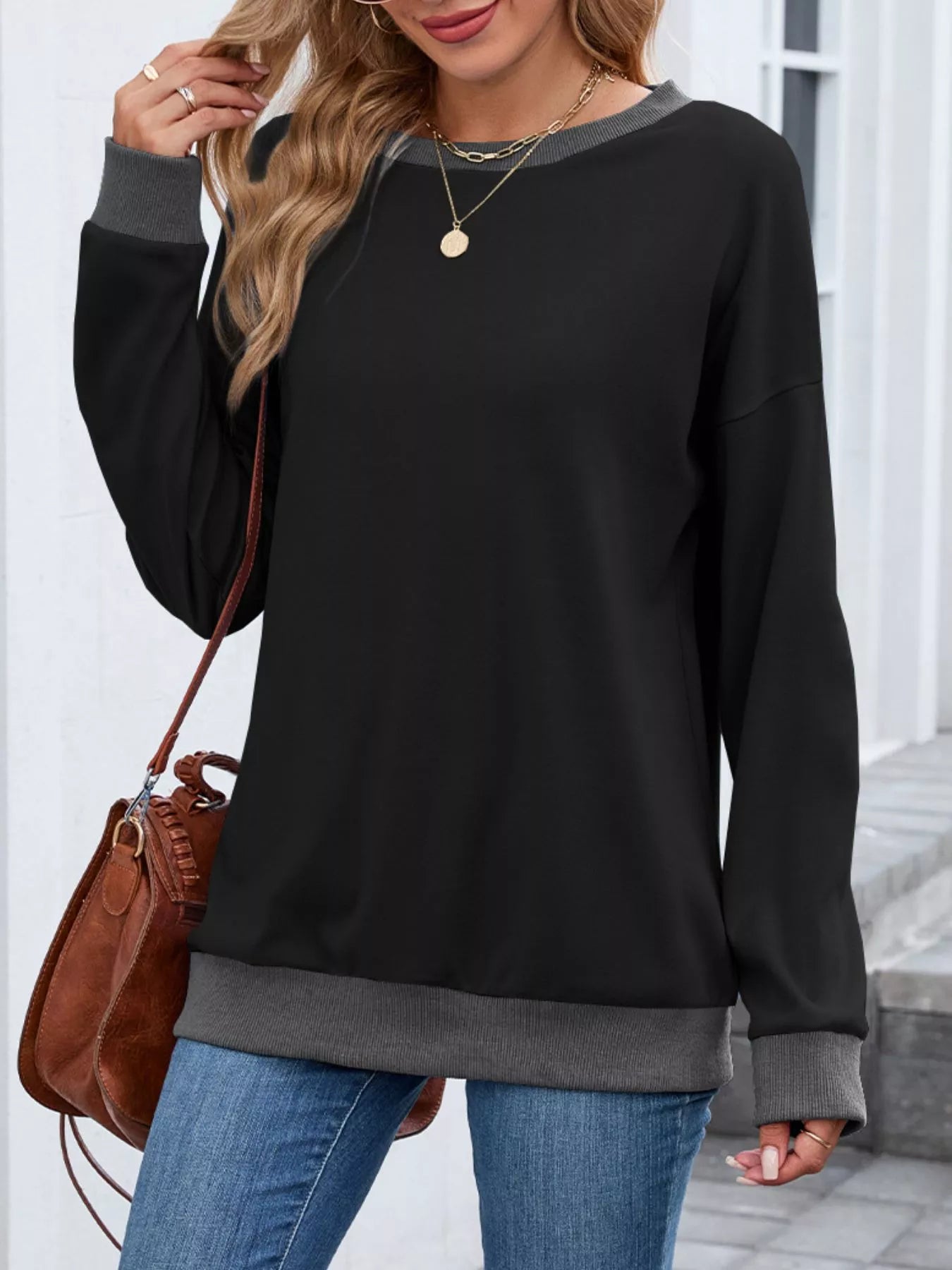 Contrast Trim Long Sleeve Sweatshirt 