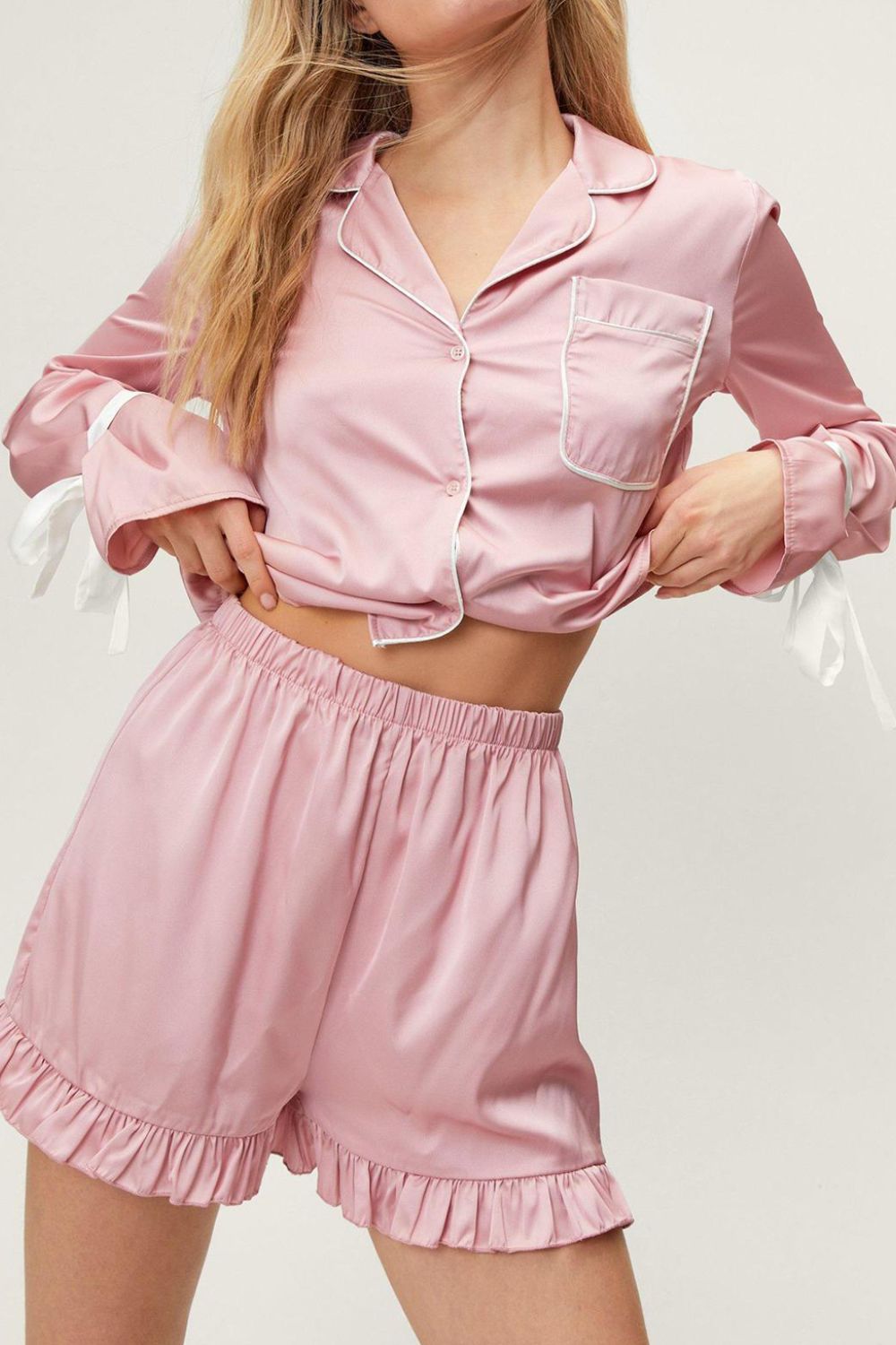 Basic Bae Tied Cuff Collared Neck Top and Frill Shorts Lounge Set 