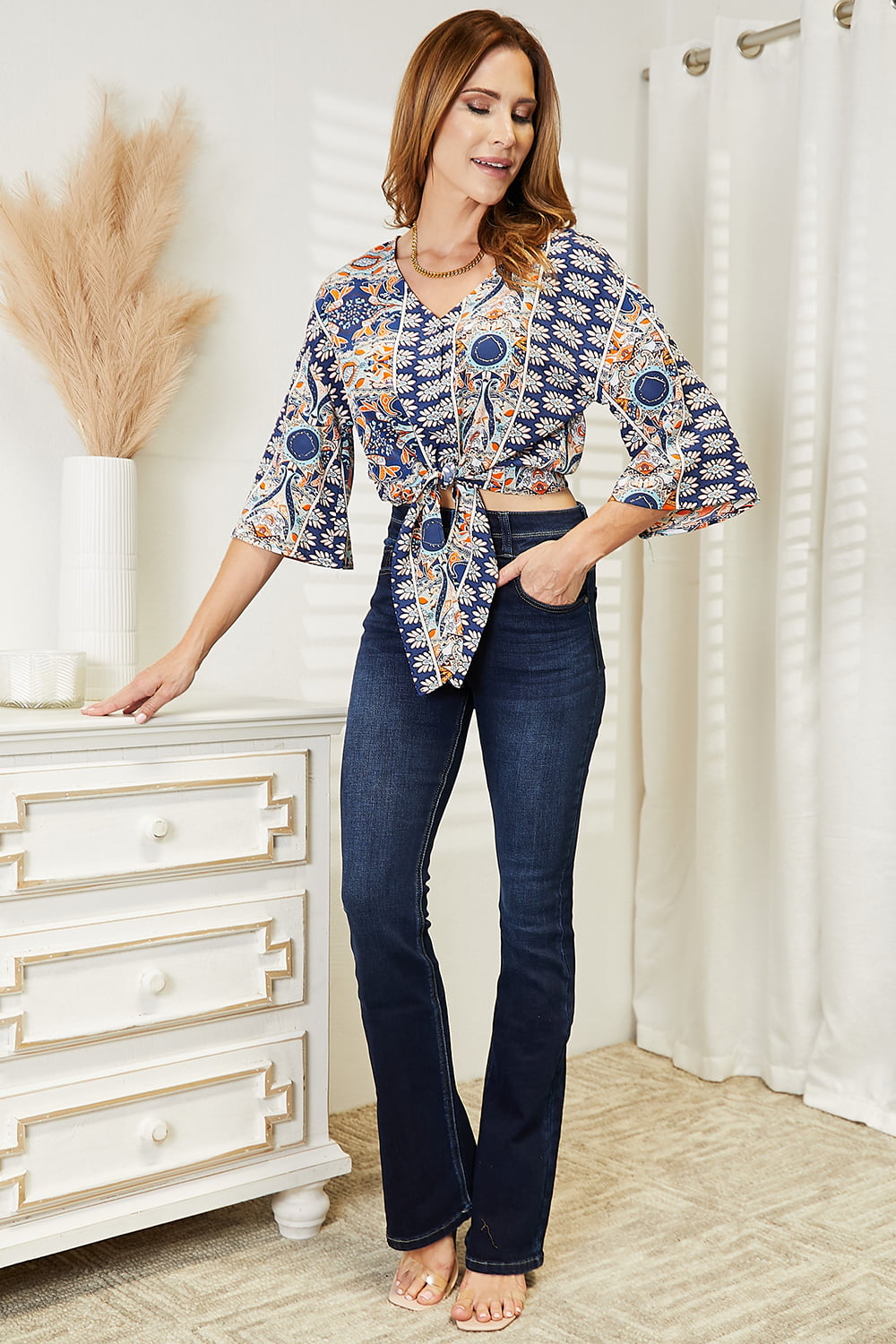 Tie Hem V-Neck Three-Quarter Sleeve Blouse 