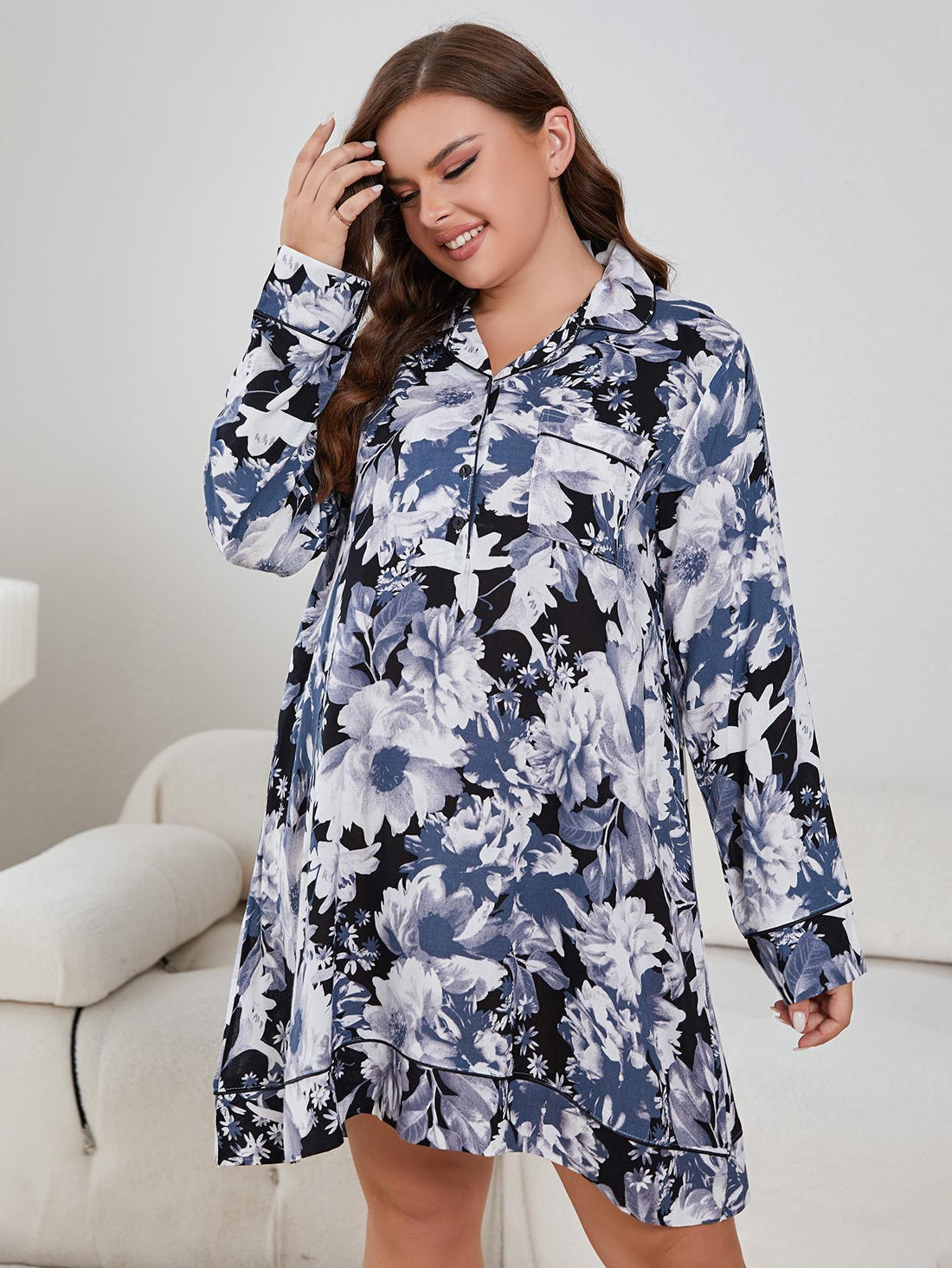 Plus Size Floral Lapel Collar Long Sleeve Night Dress 