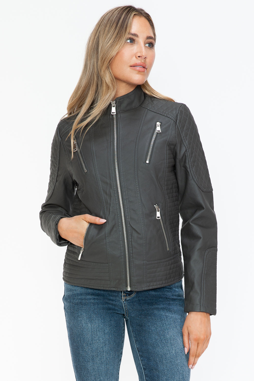 Snobbish Faux Leather Zip Up Mock Neck Jacket 
