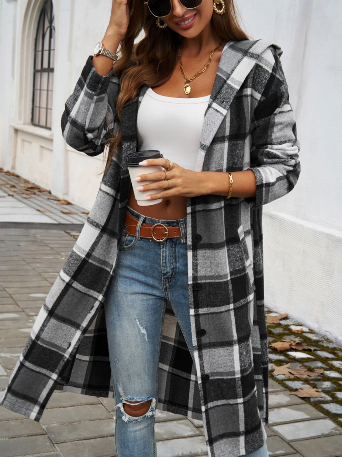 Devine Plaid Long Sleeve Hooded Coat 