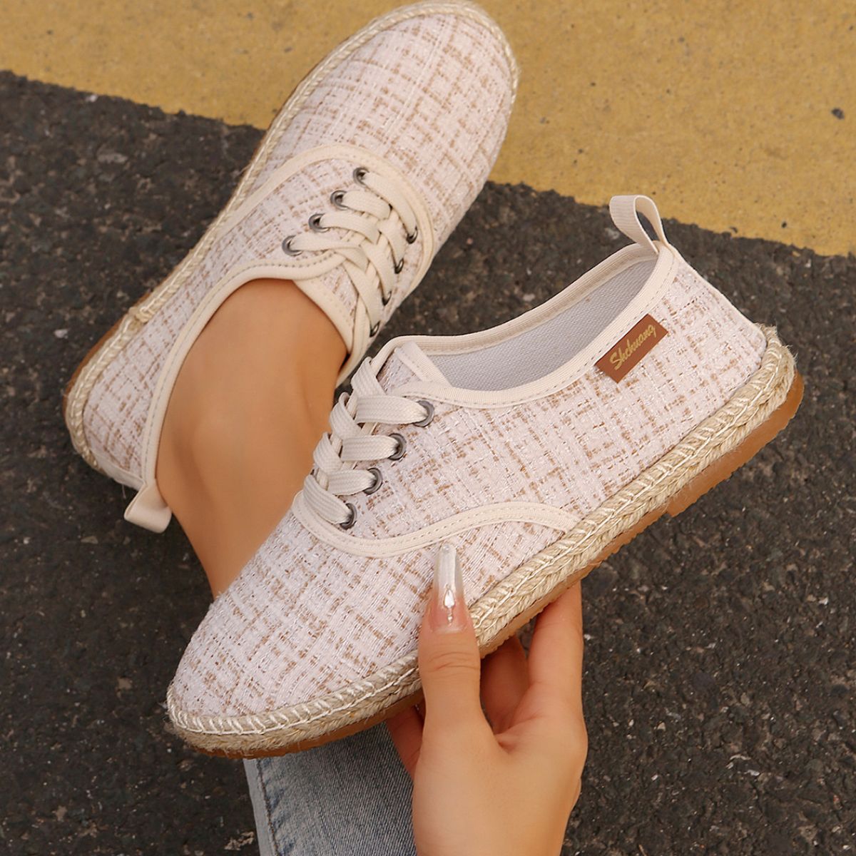 Lace Up Round Toe Flats Tweed Sneakers 