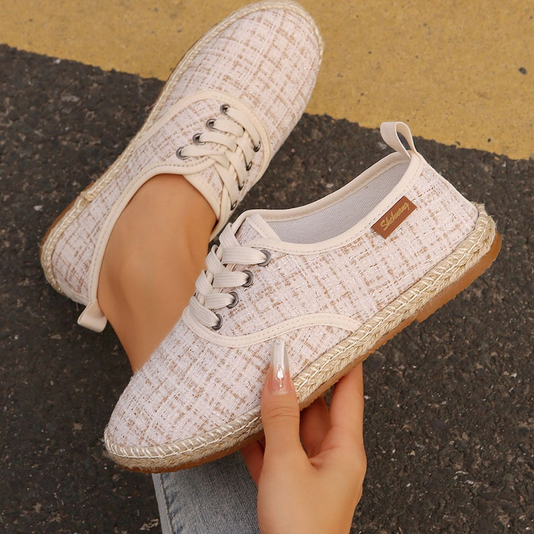 Lace Up Round Toe Flats Tweed Sneakers 