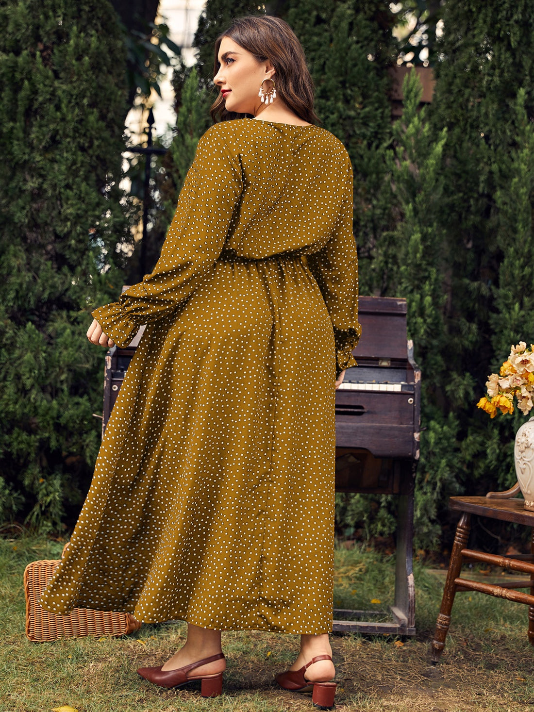 Honey Plus Size Ruffled Polka Dot Long Sleeve Midi Dress 