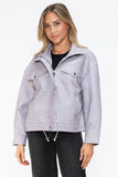 How Dare U Drawstring Hem PU Leather Zip Up Jacket 