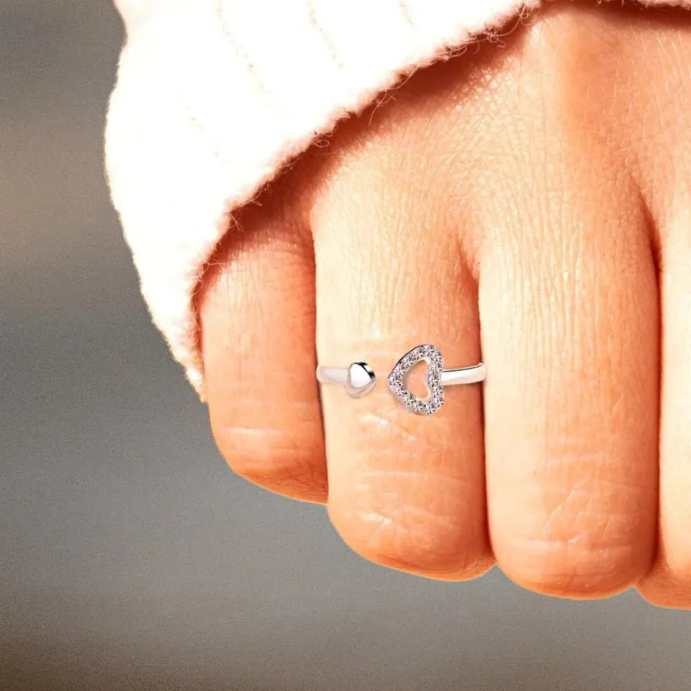 925 Sterling Silver Inlaid Zircon Heart Open Ring 