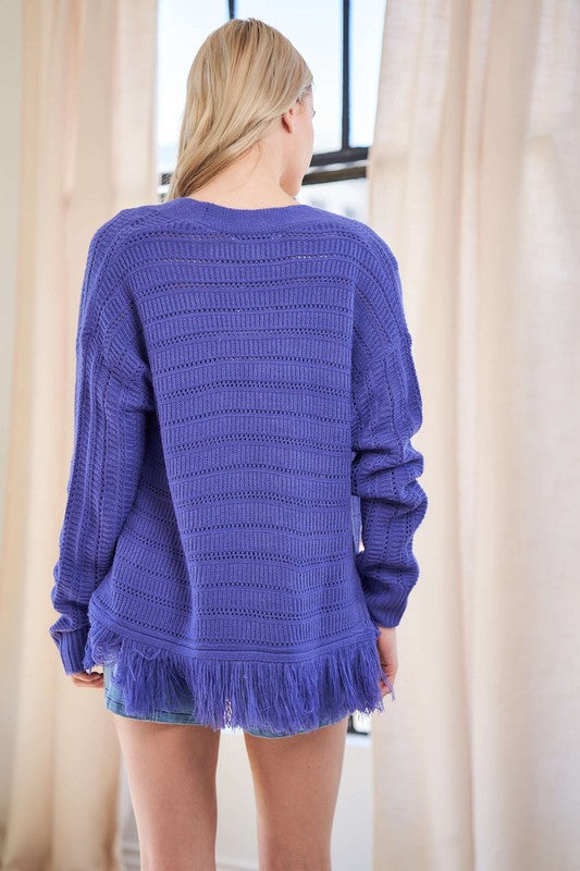 Davi & Dani Fringe V-Neck Button Up Long Sleeve Cardigan 