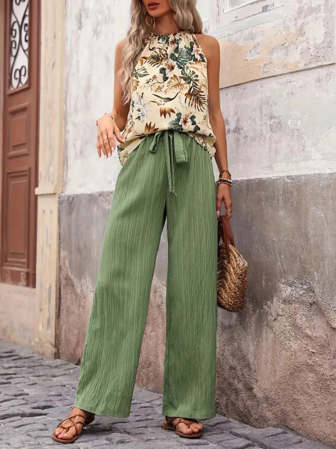 Printed Tank Top and Wide Leg Pants Set Two Piece Dresses