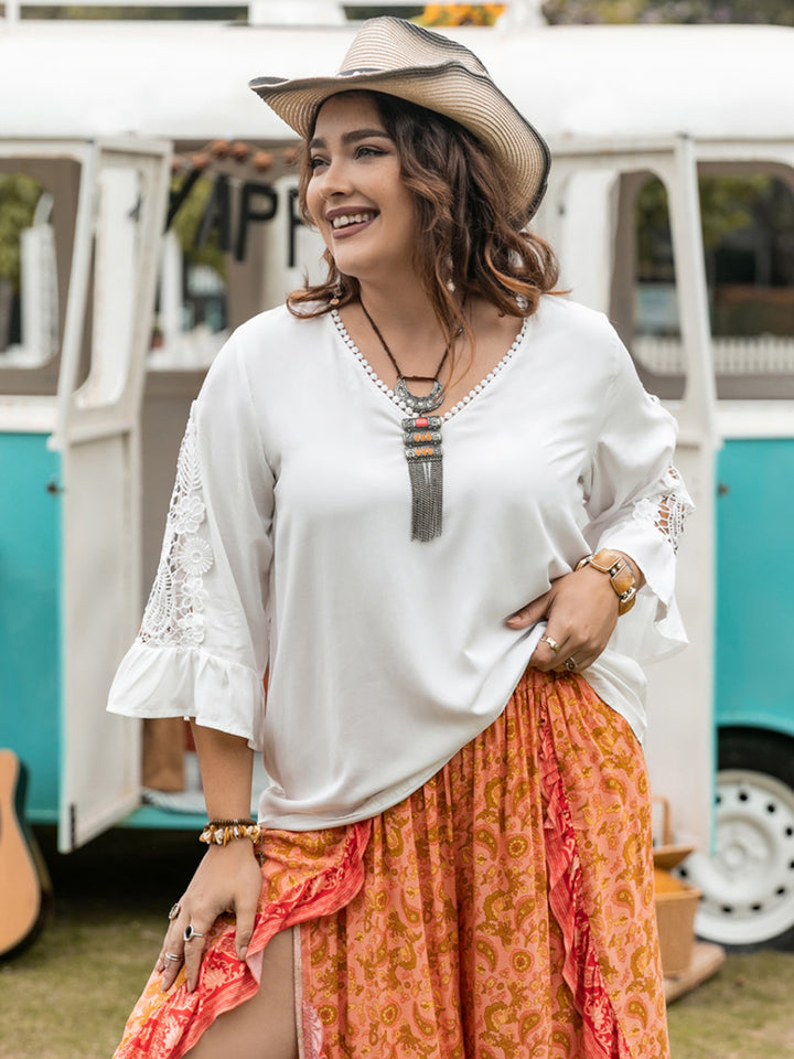 Plus Size Lace Detail V-Neck Three-Quarter Sleeve Blouse 