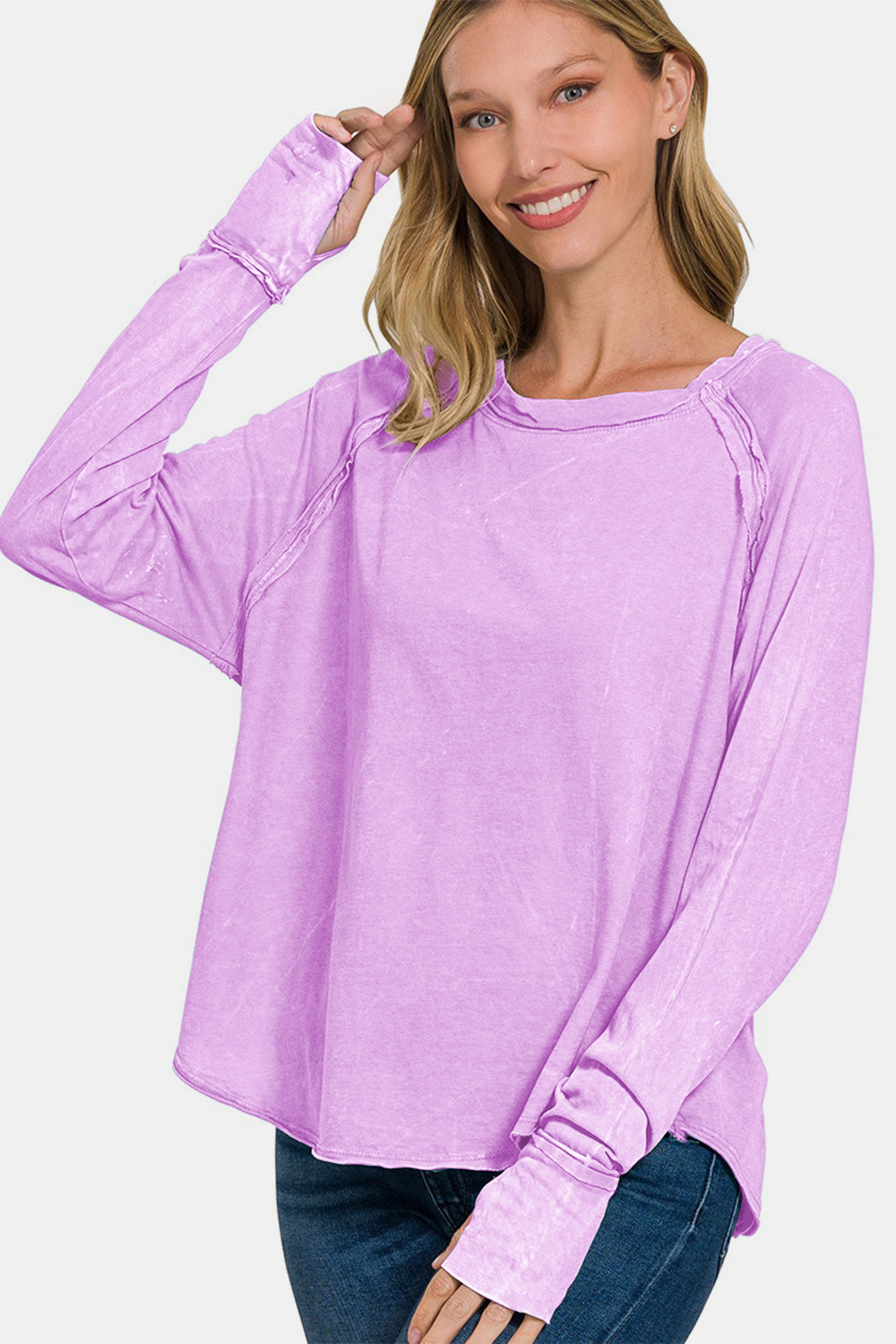 Zenana Round Neck Thumbhole Long Sleeve T-Shirt 