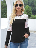 Waffle-Knit Lace Round Neck Long Sleeve T-Shirt 
