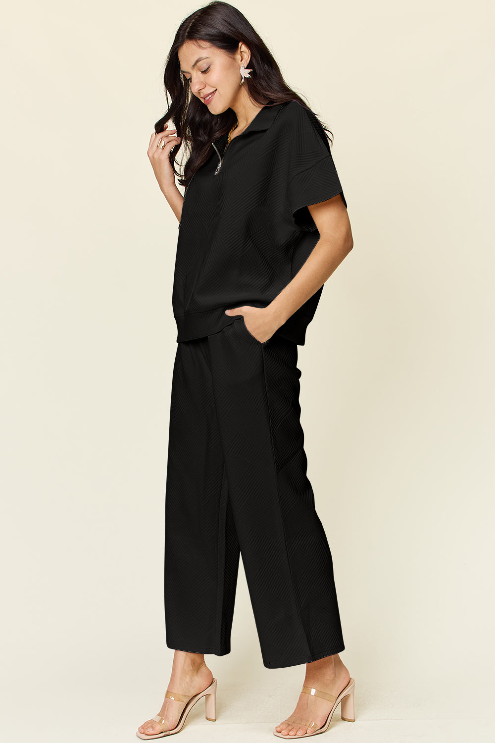 Double Take Full Size Texture Half Zip Short Sleeve Top and Pants Set 