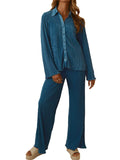 Collared Neck Long Sleeve Top and Pants Lounge Set Lingerie & Nightwear