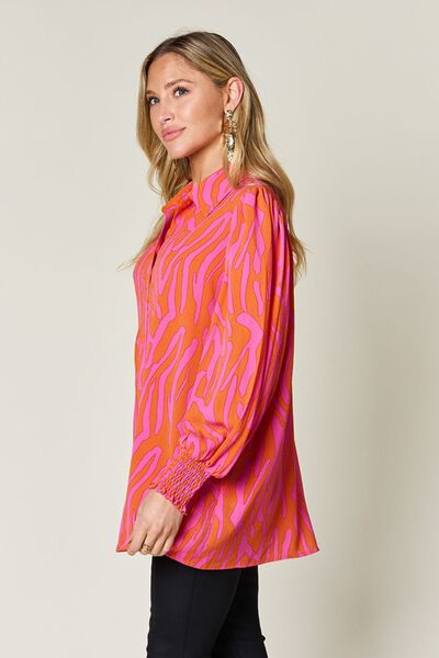 Double Take Full Size Printed Smocked Long Sleeve Blouse 