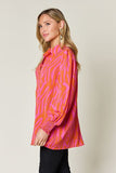 Double Take Full Size Printed Smocked Long Sleeve Blouse 