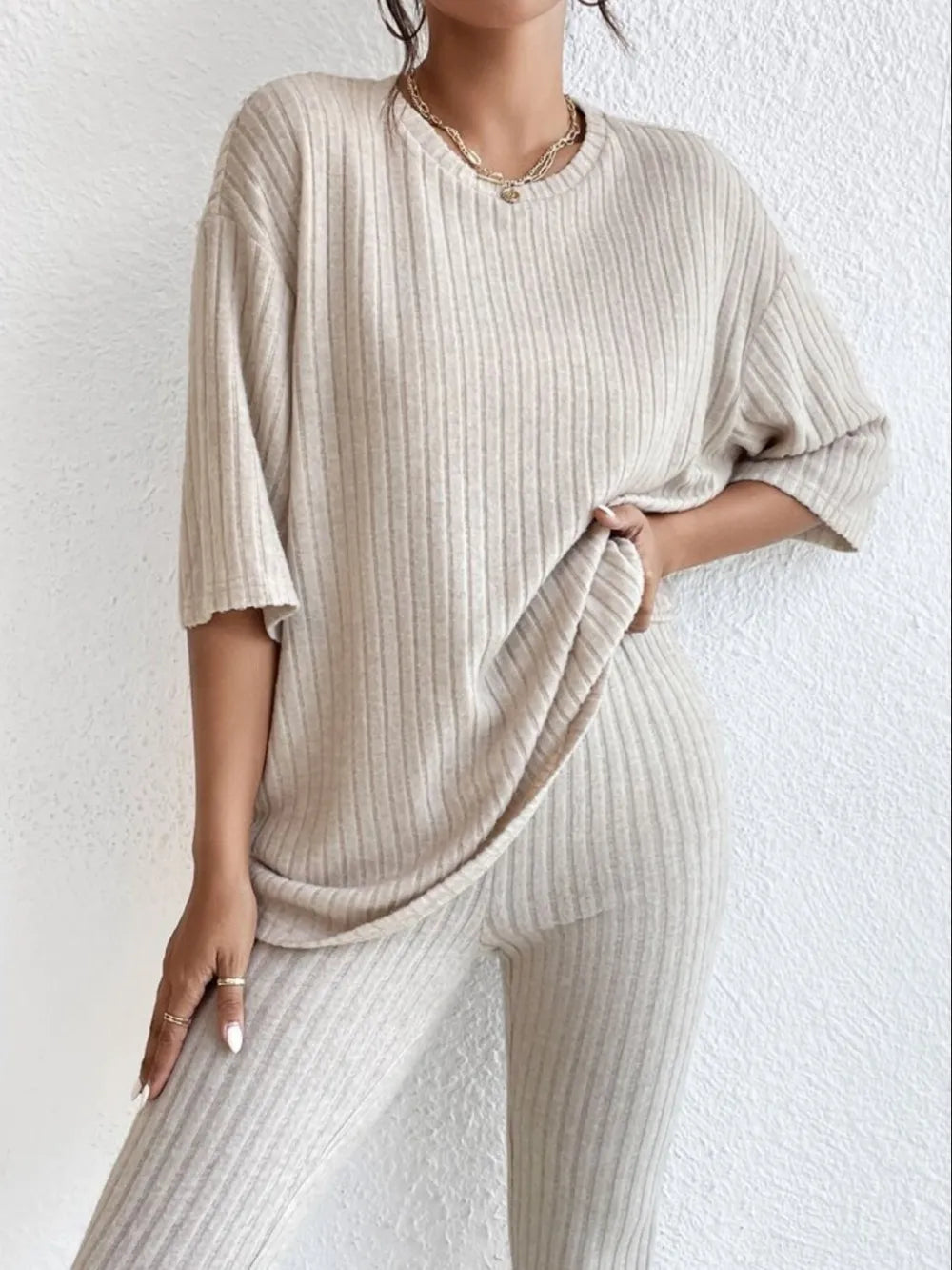 Ribbed Round Neck T-Shirt and Pants Lounge Set Lingerie & Nightwear