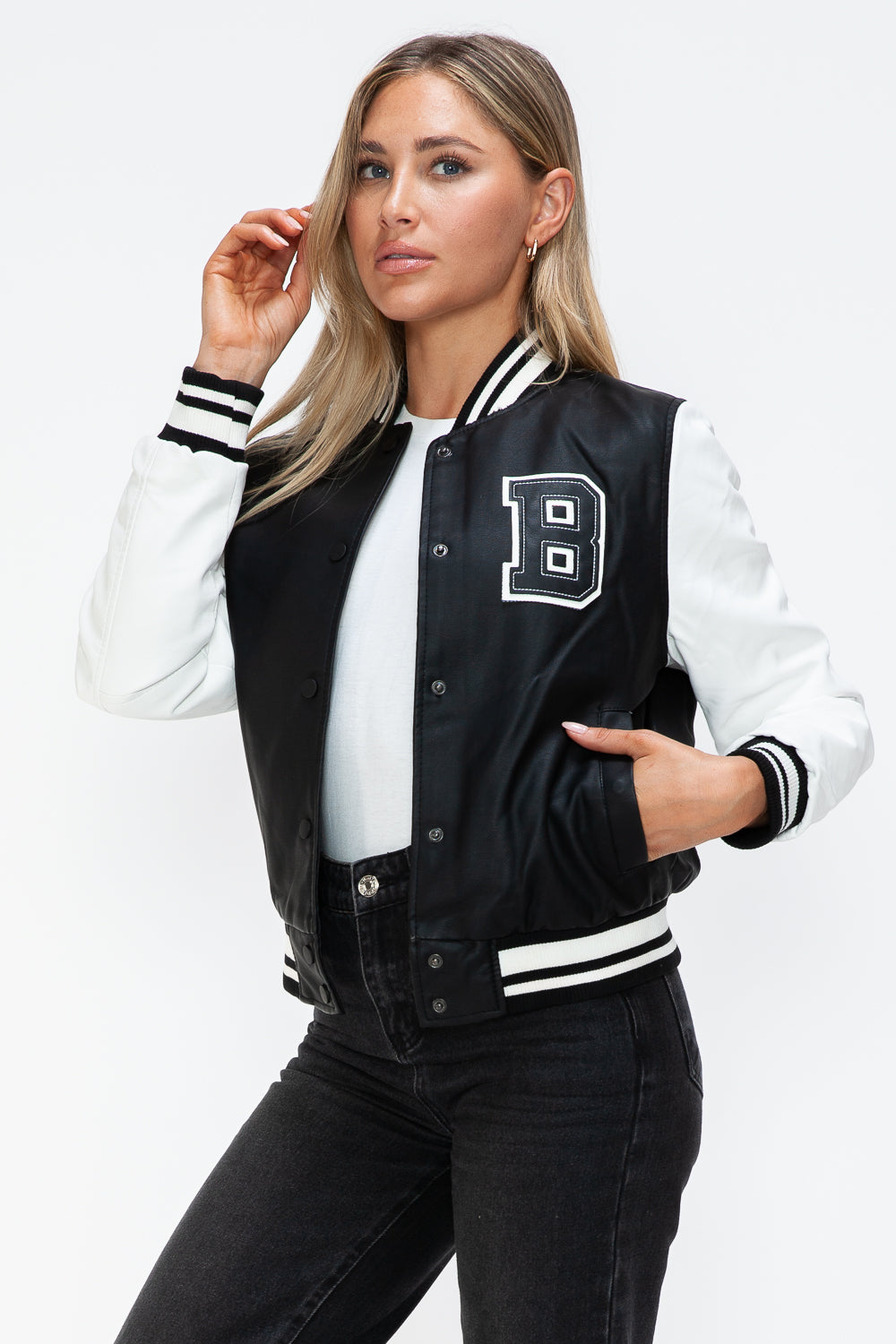 Love Me Now PU Leather Contrast Snap Down Bomber Jacket 
