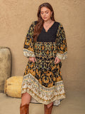 Plus Size Floral V-Neck Balloon Sleeve Midi Dress 