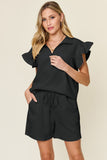 Double Take Full Size Texture Flounce Sleeve Top and Drawstring Shorts Set 