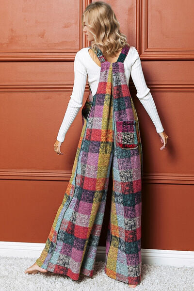 Double Take Full Size Plaid Sleeveless Fleece Wide Leg Jumpsuit 