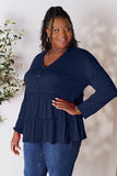 Double Take Half Button Long Sleeve Ruffle Hem Blouse 