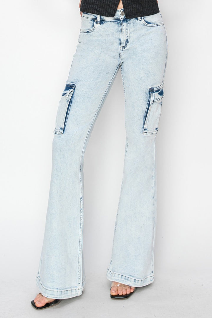 RISEN Full Size High Rise Cargo Flare Jeans 