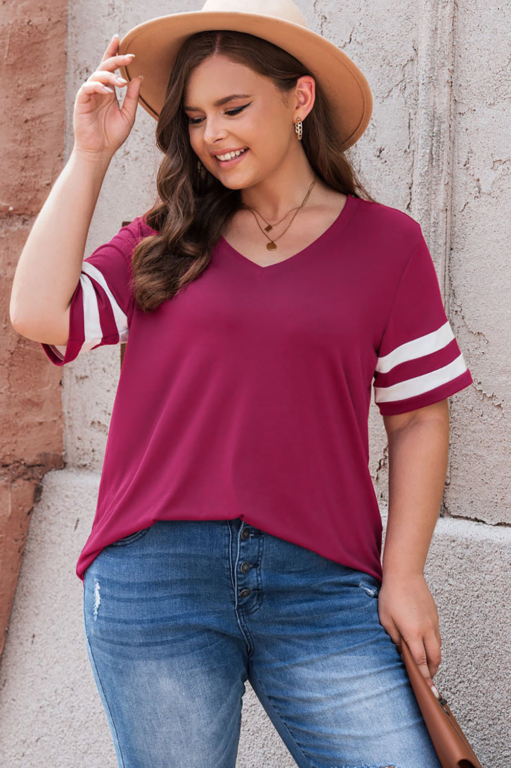 Plus Size Striped V-Neck Tee Shirt 